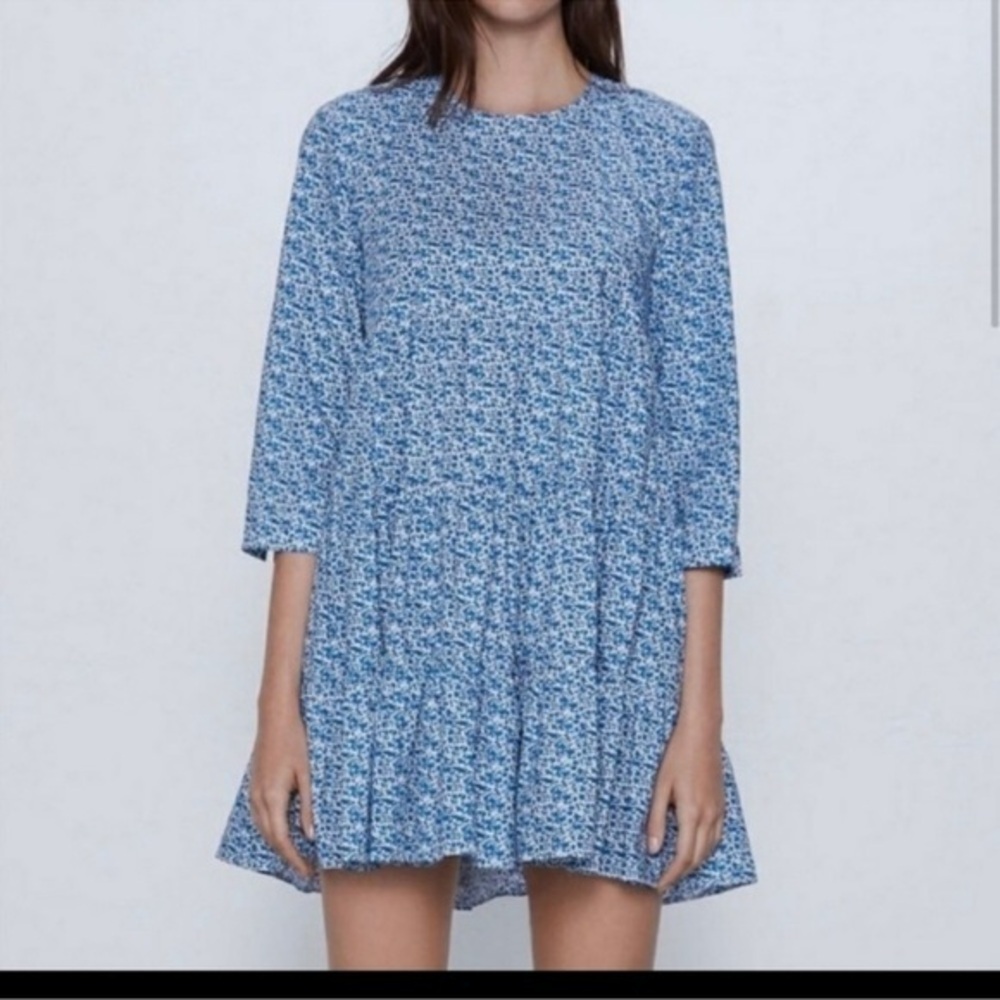 Zara Blue Tiered Sundress 3/4 Sleeve Crew Neck